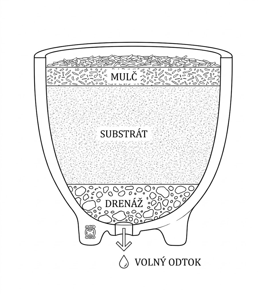 Zákon volného odtoku - schéma řezu květináčem